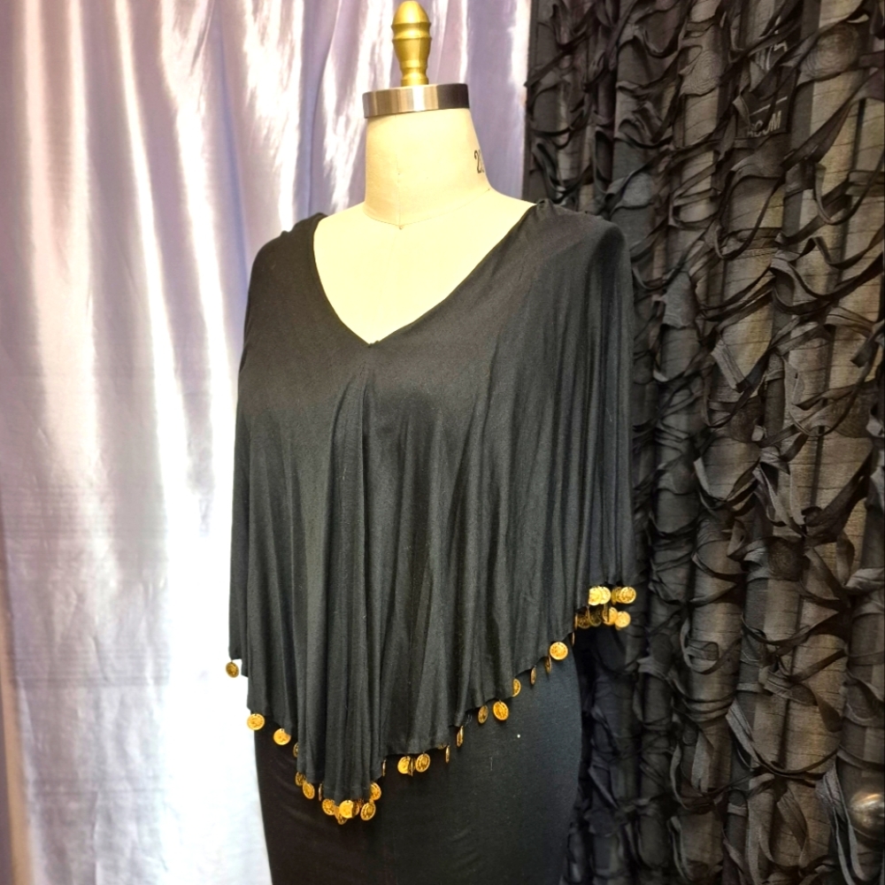 Black Jeesey Dress / Cap Collar & Gold Coin Trim